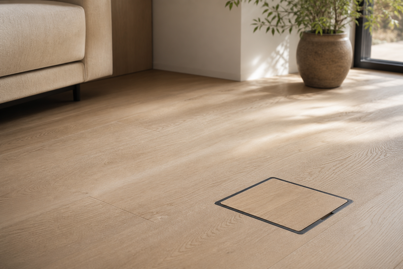 Floor Power Vault closed and flush within a finished white-oak floor
