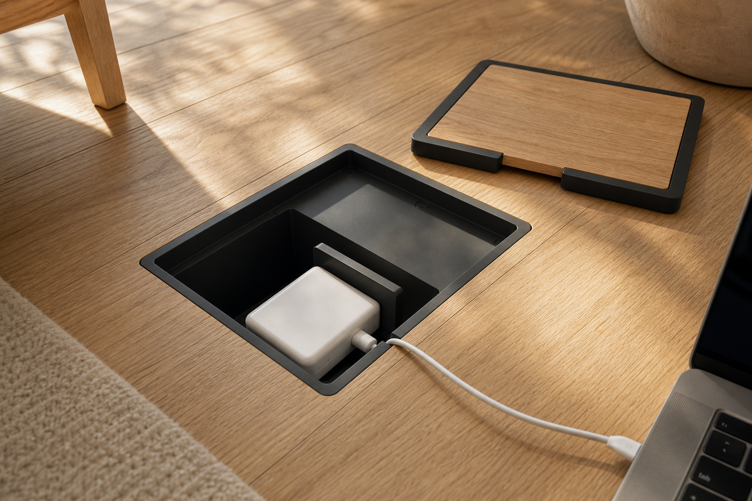 Floor Power Vault open with the charger stored below the floor